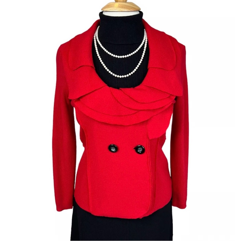 Alfani, red boiled merino wool scooped neck ruffled collar sweater size large